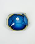 1950s MURANO MANDRUZZATO COBALT BLUE YELLOW SOMMERSO DIAMOND FACETED RECTANGULAR GLASS BOWL