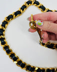 1980s CHANEL BLACK LEATHER GOLD PLATED LOGO BELT