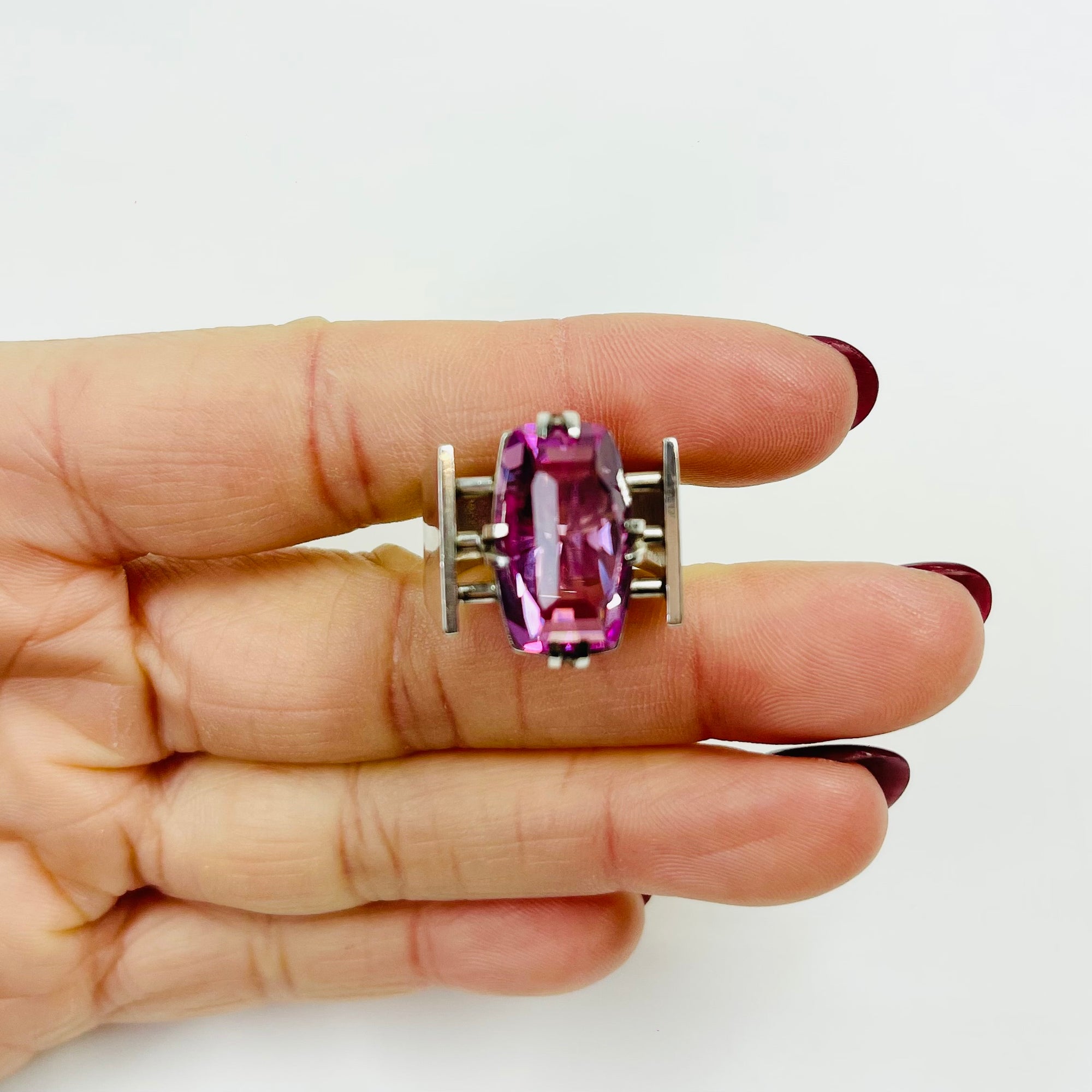 ART DECO SILVER TANK RING WITH PINK SPINEL