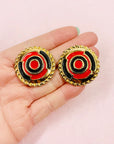60s RED BLACK ENAMEL BUTTON EARRINGS