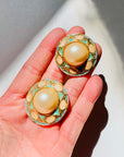 1980s LARGE PASTEL PINK BLUE ENAMEL PEARL CLIP ON EARRINGS