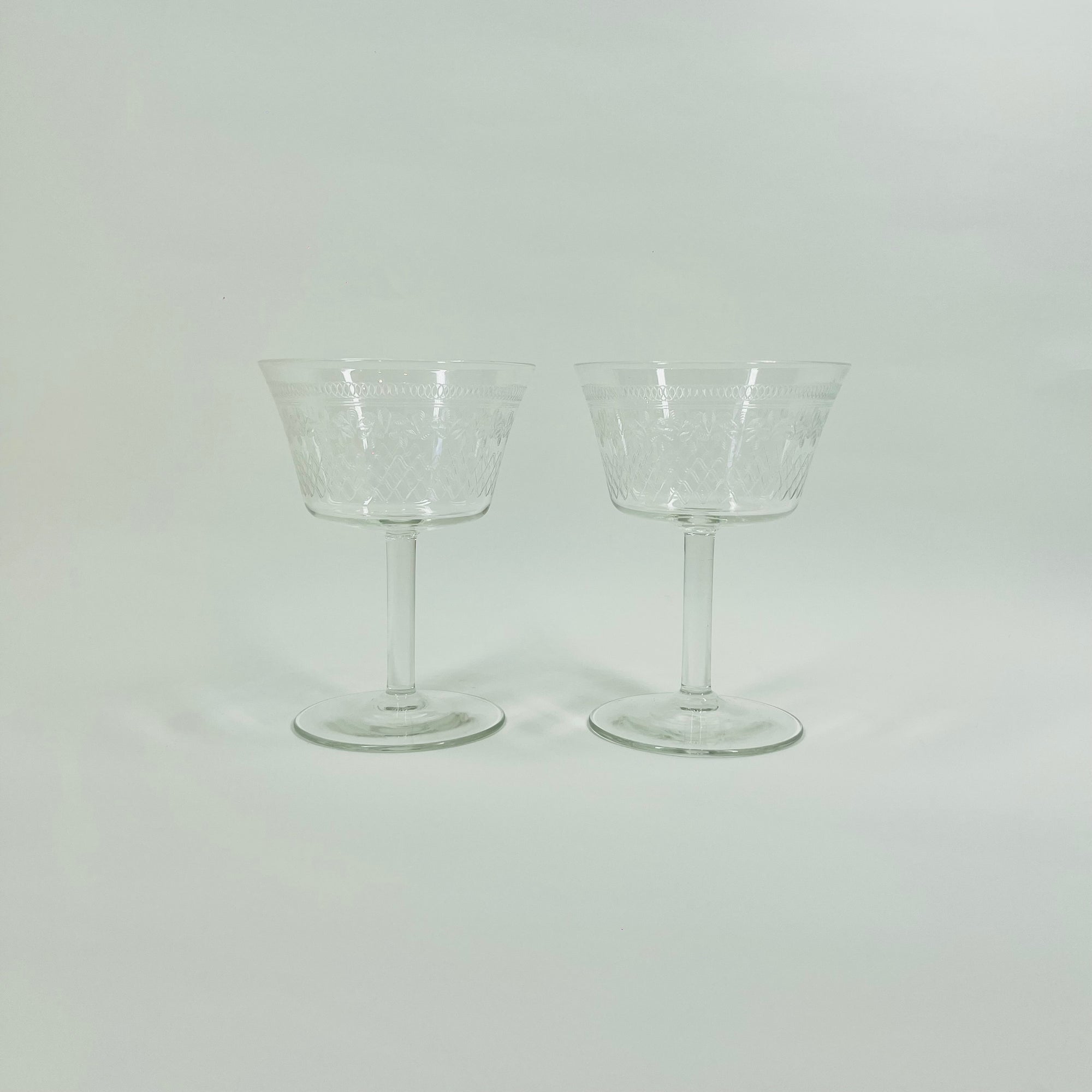 ANTIQUE ETCHED PALL MALL COUPE GLASSES