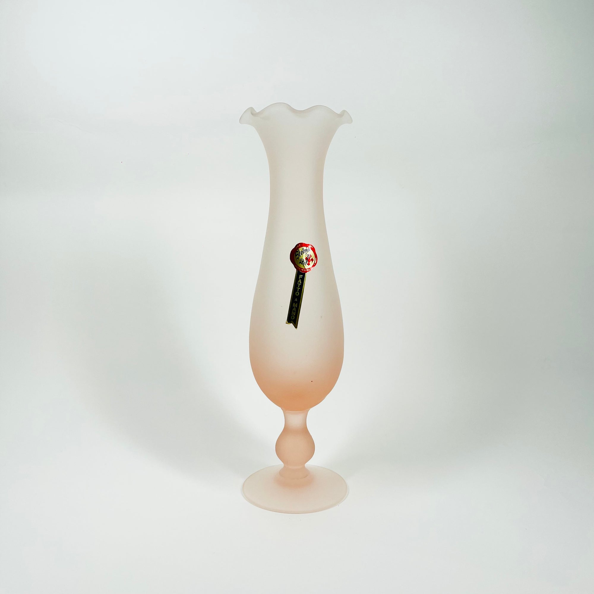 1970s ITALIAN SATIN PINK GLASS FOOTED RUFFLE VASE
