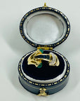 1940s 18k YELLOW GOLD BLUE SAPPHIRE EMERALD DIAMONDS PAVE TANK RING
