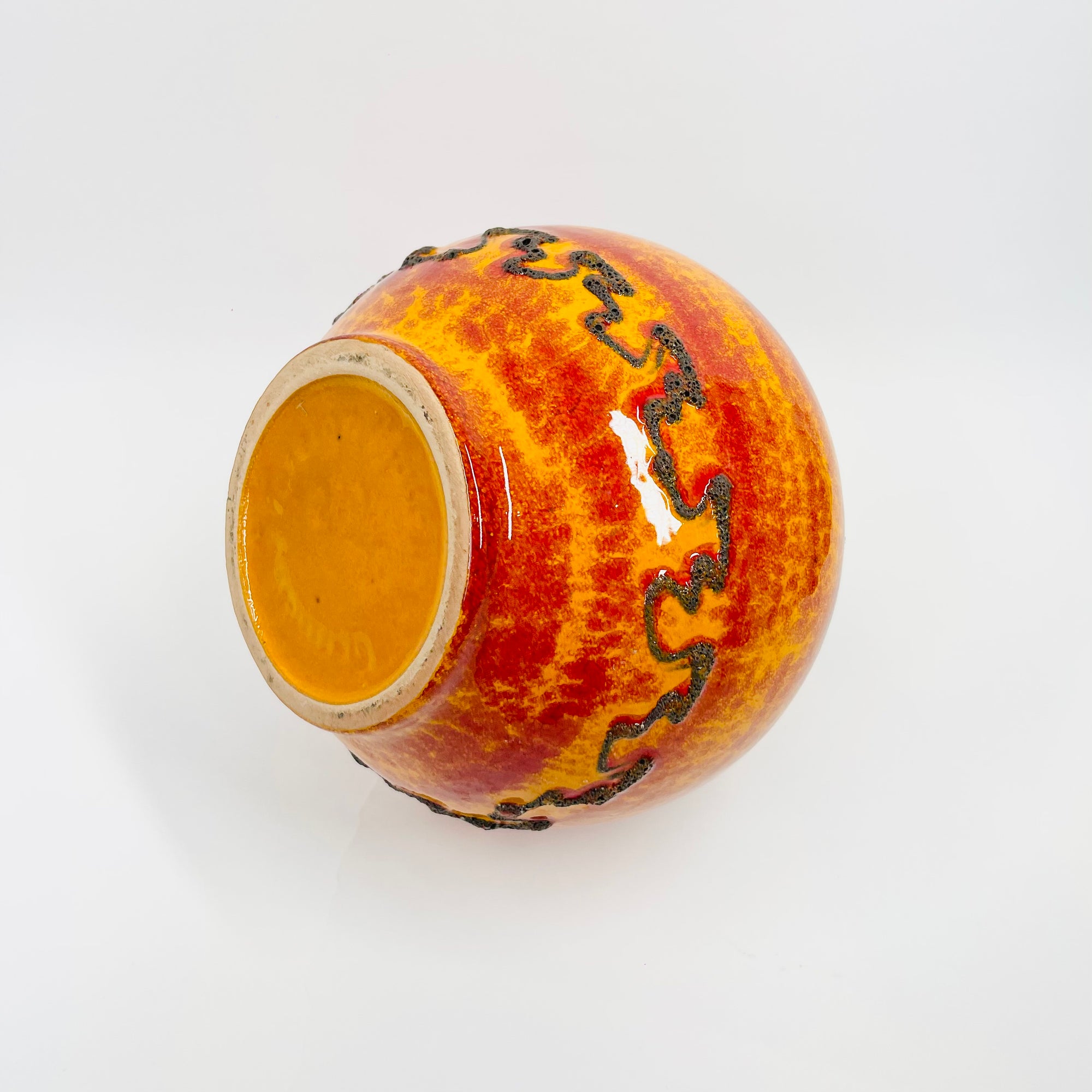 1960s WEST GERMAN ORANGE FAT LAVA ROUND POTTERY JUG VASE BY KREUTZ KERAMIK