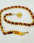 1980s CHANEL RED/BURGUNDY LEATHER GOLD PLATED LOGO BELT