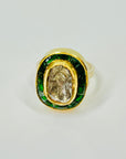 ANTIQUE 22K GOLD INDIAN POLKI RAW DIAMOND RING WITH GREEN ENAMEL