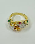 1950s 14K YELLOW GOLD DIAMOND EMERALD DOUBLE PANTHER HEADS RING WITH RUBY EYES