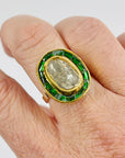 ANTIQUE 22K GOLD INDIAN POLKI RAW DIAMOND RING WITH GREEN ENAMEL