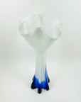 LARGE 1970s JAPANESE CASED WHITE COBAL BLUE RUFFLE HANDKERCHIEF GLASS VASE