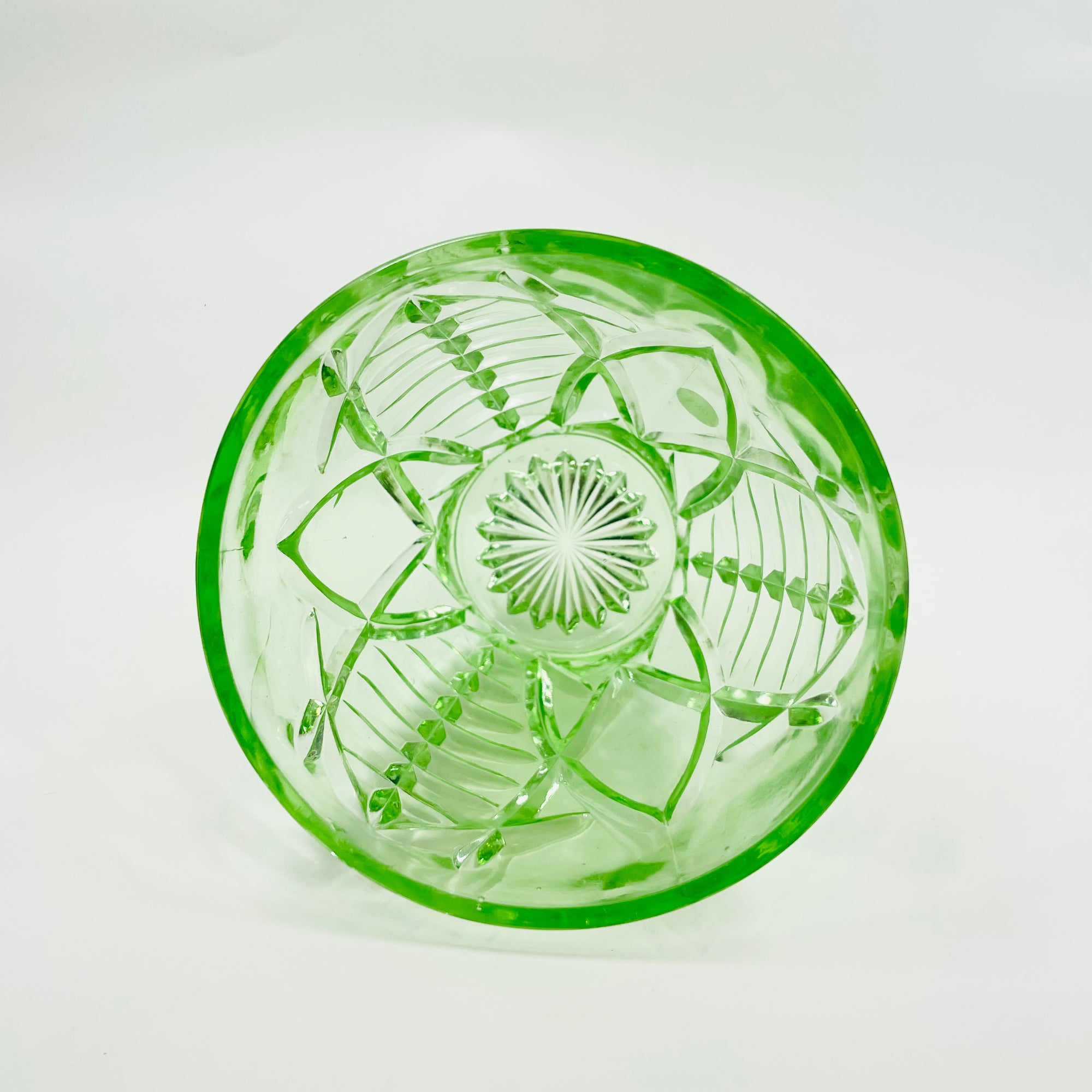 ANTIQUE ART DECO PRESSED GREEN DEPRESSION GLASS VASE
