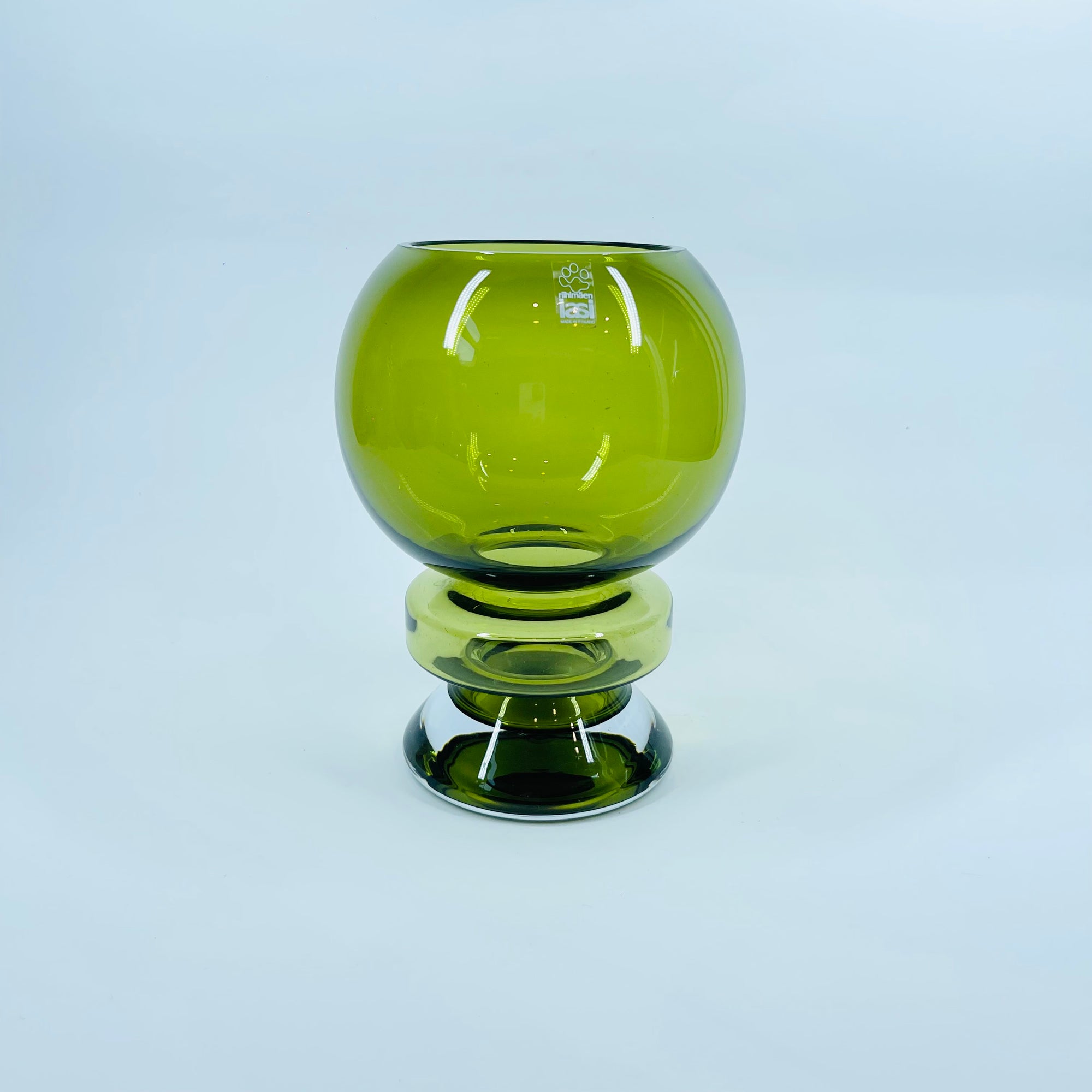 1960s FINNISH OLIVE GREEN GLASS HOOP VASE BY TAMARA ALADIN FOR RIIHIMAEN LASI