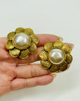 2008 CHANEL CC LOGO LARGE SUNFLOWER PEARL BUTTON CLIP ON EARRINGS