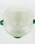 LARGE ANTIQUE ART DECO MURANO SCAVO FOOTED WHITE ACID GLASS VASE WITH GREEN HANDLES