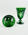 1960s HAND MADE PASCEBAHCE ETCHED EMERALD GREEN PINE CONE GLASS GOBLETS