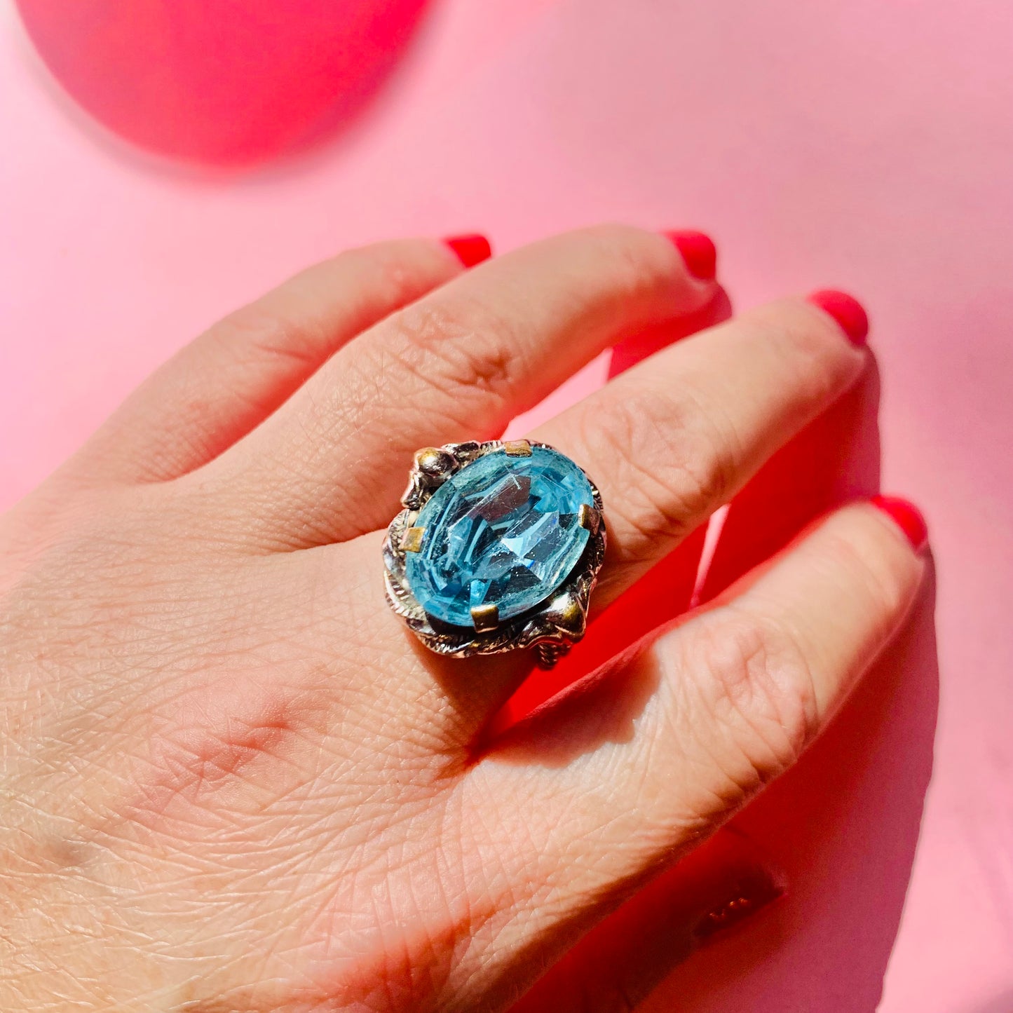 BLUE CUT GLASS SILVER RING