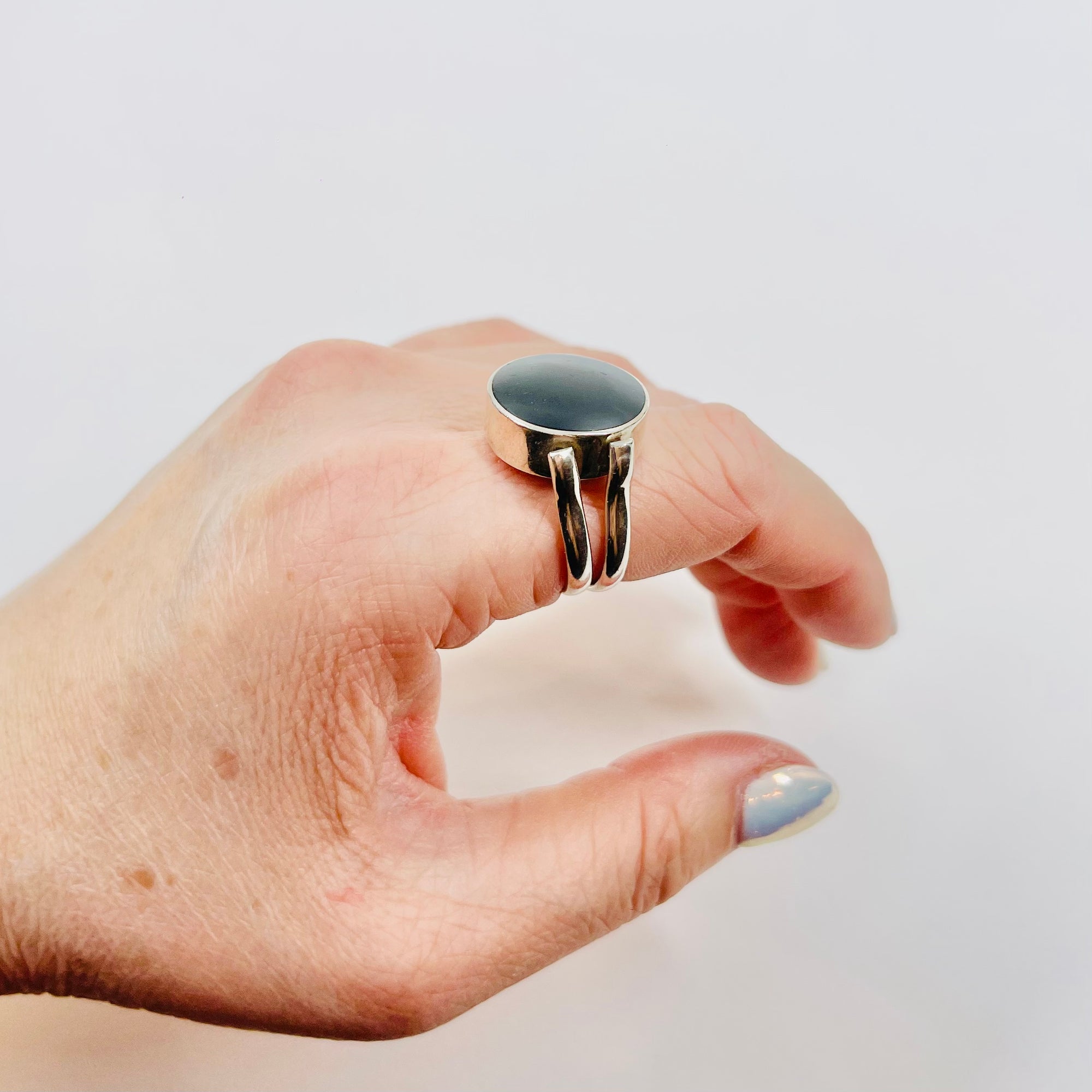1950s DANISH SPINNER SILVER RING WITH MOHER OF PEARL AND ONYX
