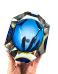 1950s MURANO MANDRUZZATO COBALT BLUE YELLOW SOMMERSO DIAMOND FACETED RECTANGULAR GLASS BOWL