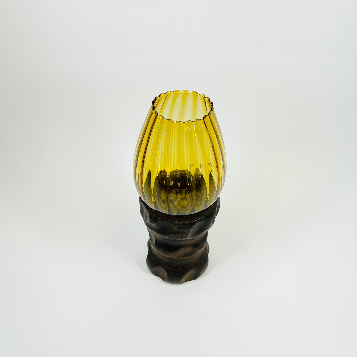 1970s AMBER GLASS LANTERN ON WOODEN BASE