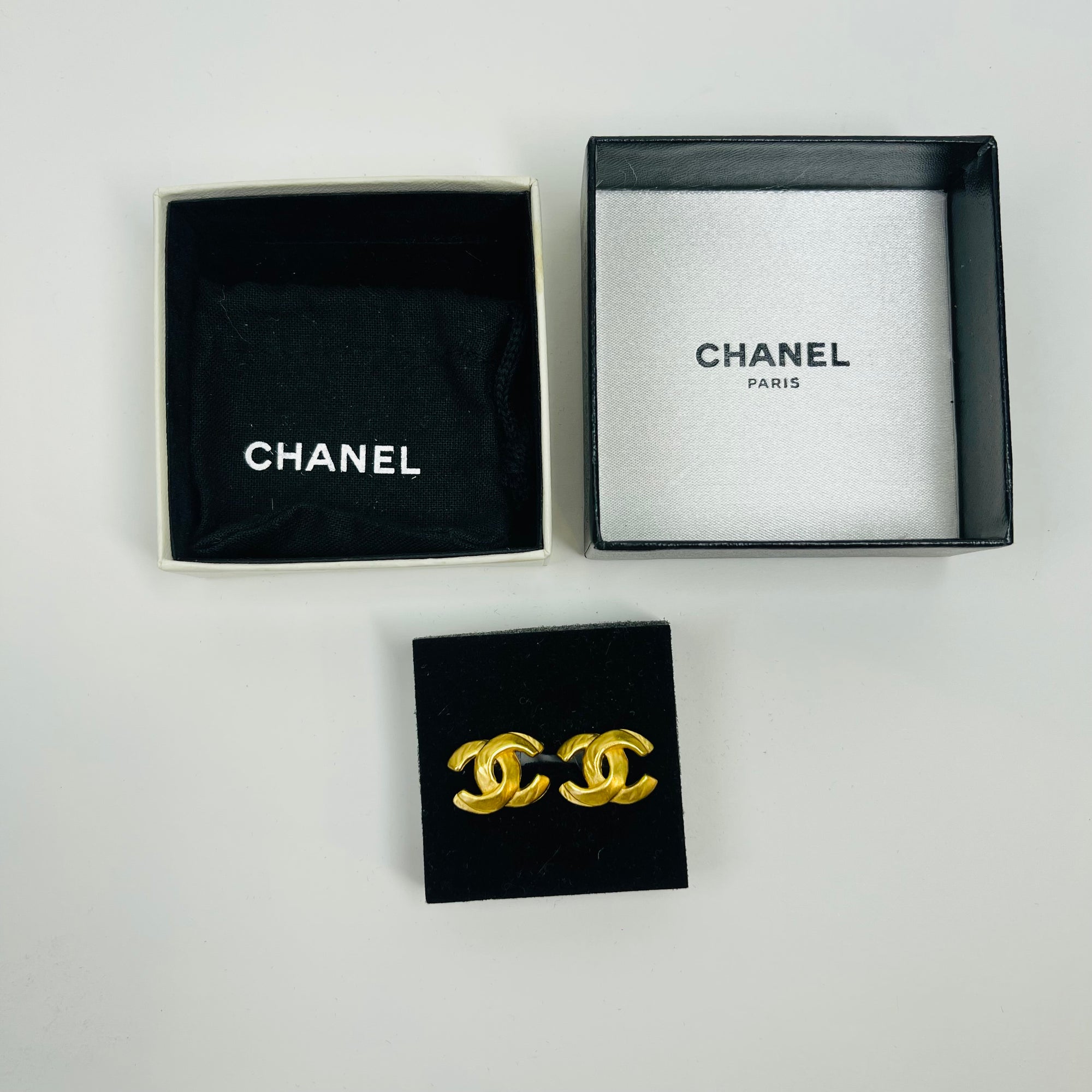 Y2K CHANEL CC BRUSHED GOLD LOGO PIERCED EARRINGS