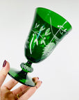 1960s HAND MADE PASCEBAHCE ETCHED EMERALD GREEN PINE CONE GLASS GOBLETS
