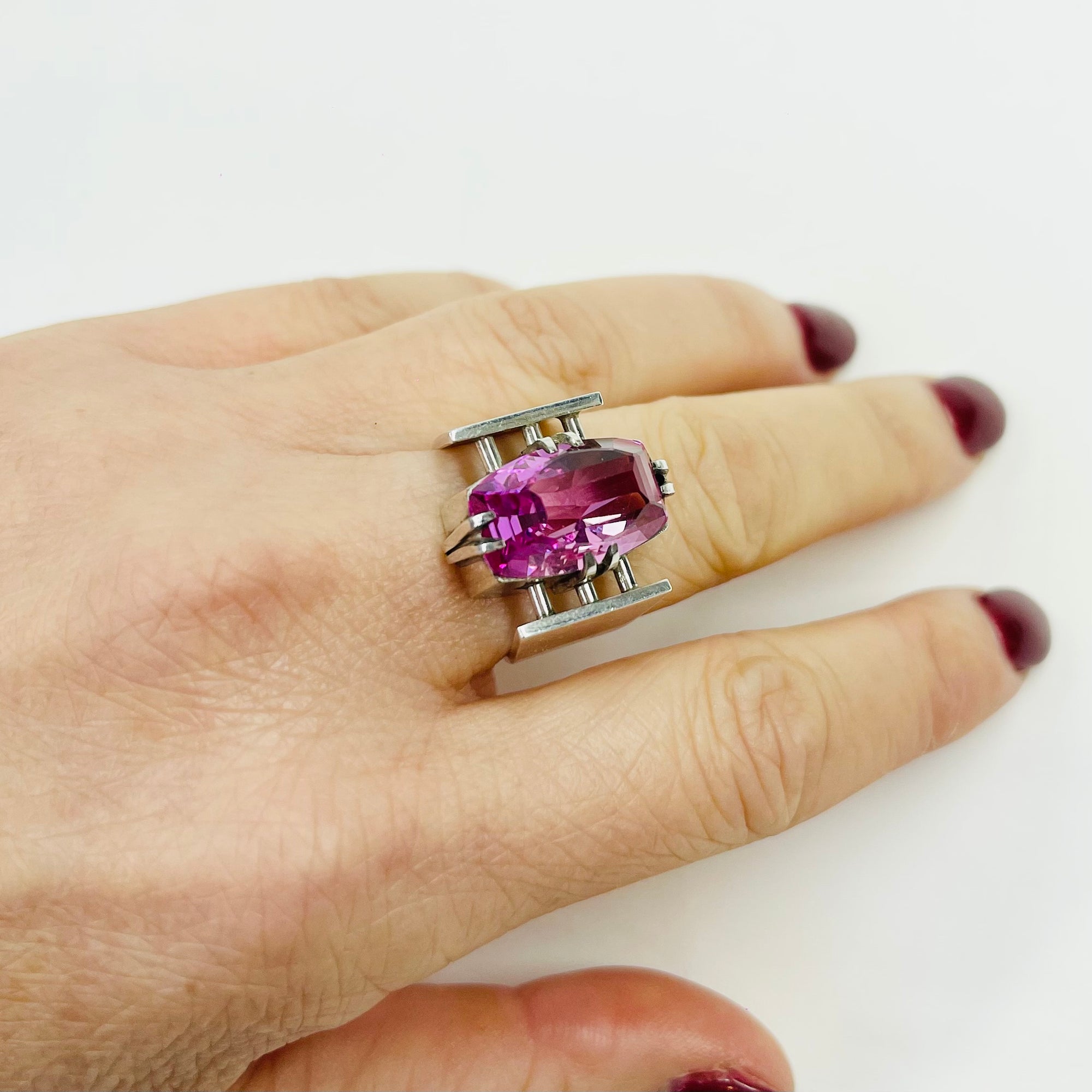 ART DECO SILVER TANK RING WITH PINK SPINEL