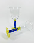 1980s MOUTH BLOWN BLUE YELLOW SPATTER GLASS WINE GLASSES/GOBLETS