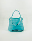1980s TURQUOISE BLUE SPATTER ART GLASS BAG VASE