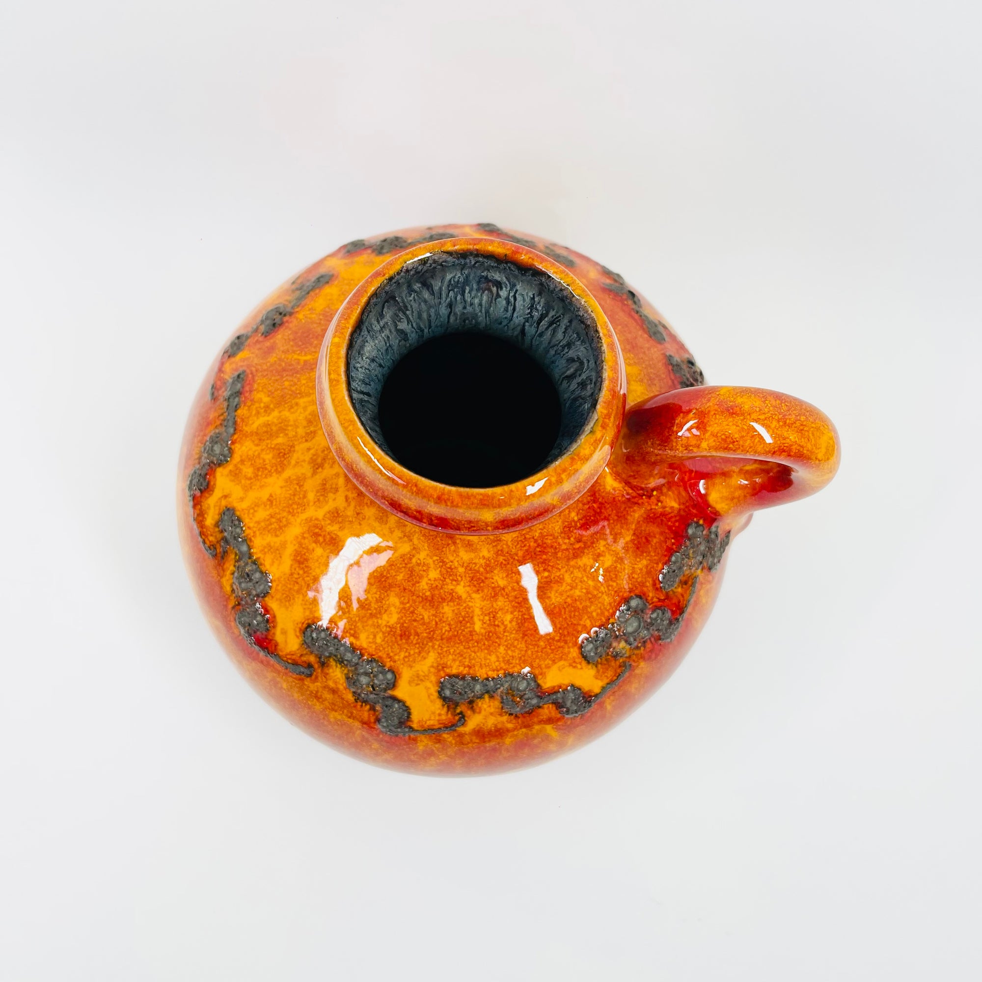 1960s WEST GERMAN ORANGE FAT LAVA ROUND POTTERY JUG VASE BY KREUTZ KERAMIK