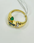 1940s 18k YELLOW GOLD BLUE SAPPHIRE EMERALD DIAMONDS PAVE TANK RING