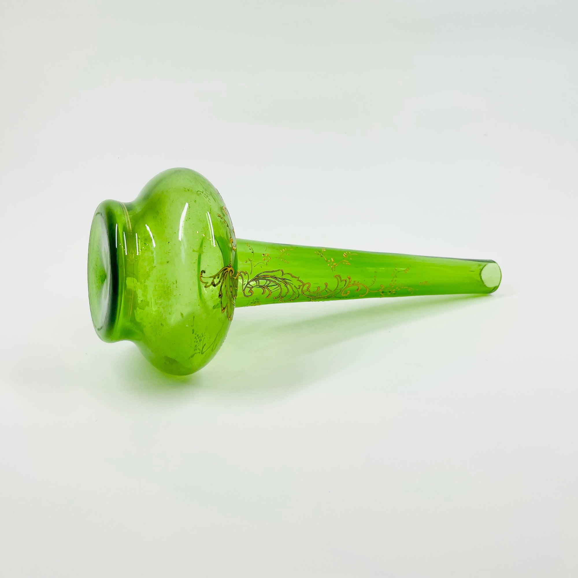 ANTIQUE VICTORIAN HAND PAINTED GREEN GLASS SPECIMEN VASE