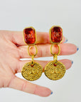 1993 CHANEL GRIPOIX AMBER GLASS COIN DROP CLIP ON EARRINGS