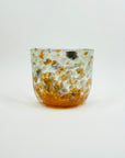 1980s AUSTRALIAN MOUTH BLOWN ORANGE BLACK WHITE SPATTER ART GLASS MINI BOWL/VASE