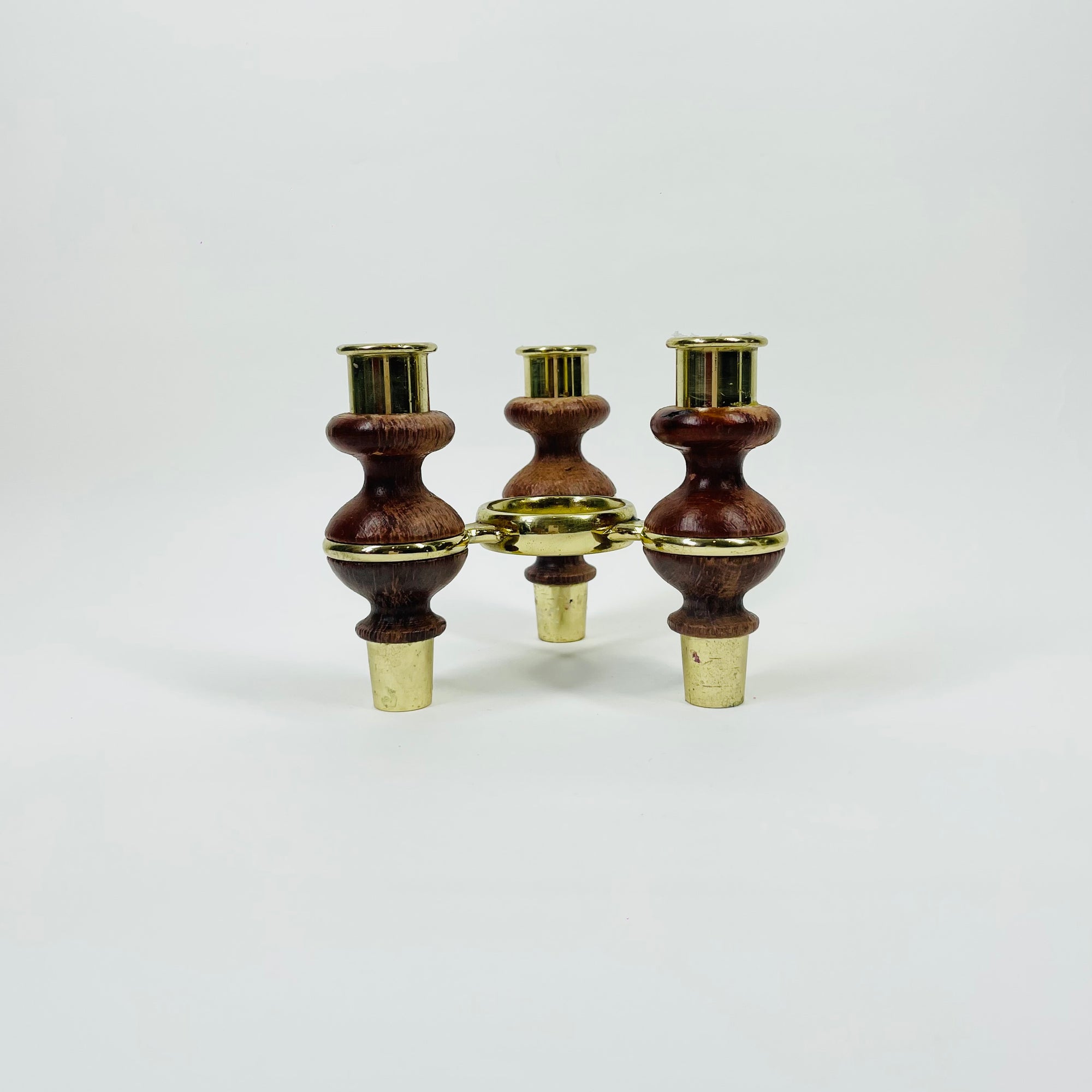1960s SCANDINAVIAN WOOD BRASS CANDLE HOLDER