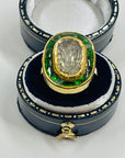 ANTIQUE 22K GOLD INDIAN POLKI RAW DIAMOND RING WITH GREEN ENAMEL