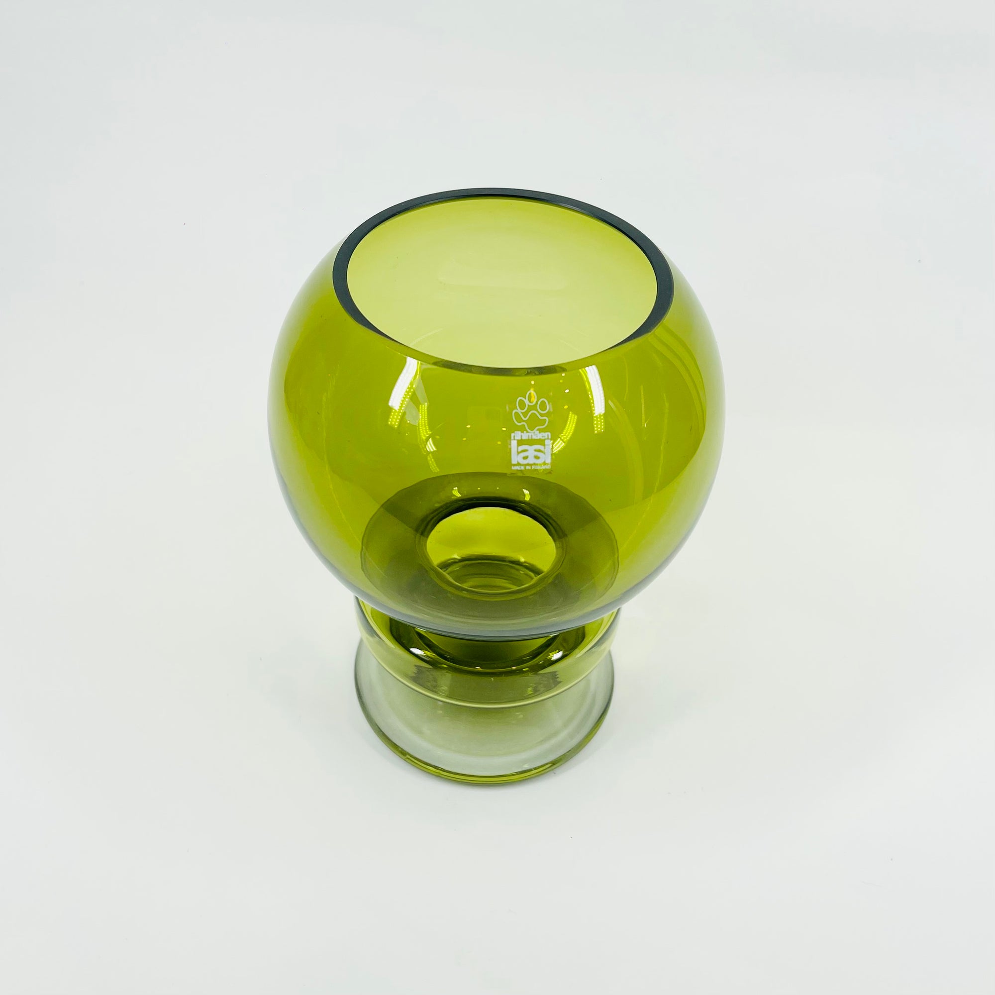1960s FINNISH OLIVE GREEN GLASS HOOP VASE BY TAMARA ALADIN FOR RIIHIMAEN LASI
