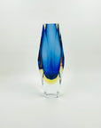 1980s COBALT BLUE YELLOW SOMMERSO GLASS HEXAGON MANDRUZZATO VASE