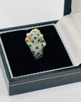 1950s 14K YELLOW GOLD DIAMOND EMERALD LEOPARD RING WITH RUBY EYES