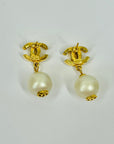 1990s CHANEL CC GOLD LOGO CRYSTAL DROP PEARL PIERCED EARRINGS