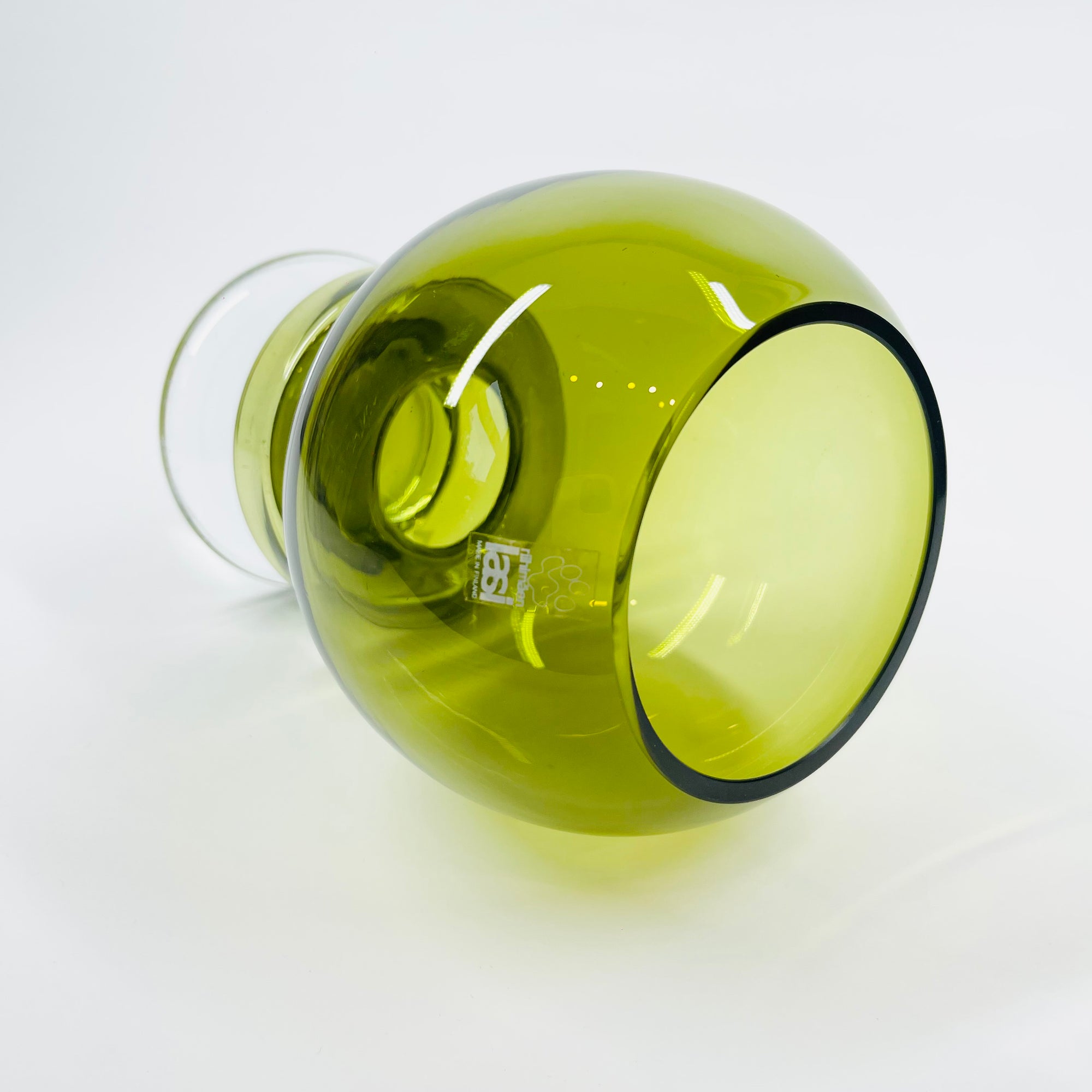 1960s FINNISH OLIVE GREEN GLASS HOOP VASE BY TAMARA ALADIN FOR RIIHIMAEN LASI