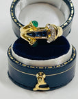 1940s 18k YELLOW GOLD BLUE SAPPHIRE EMERALD DIAMONDS PAVE TANK RING