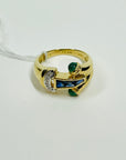 1940s 18k YELLOW GOLD BLUE SAPPHIRE EMERALD DIAMONDS PAVE TANK RING