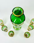 ANTIQUE ART DECO HAND CUT GOLD GILDED GREEN CRYSTAL DECANTER SET