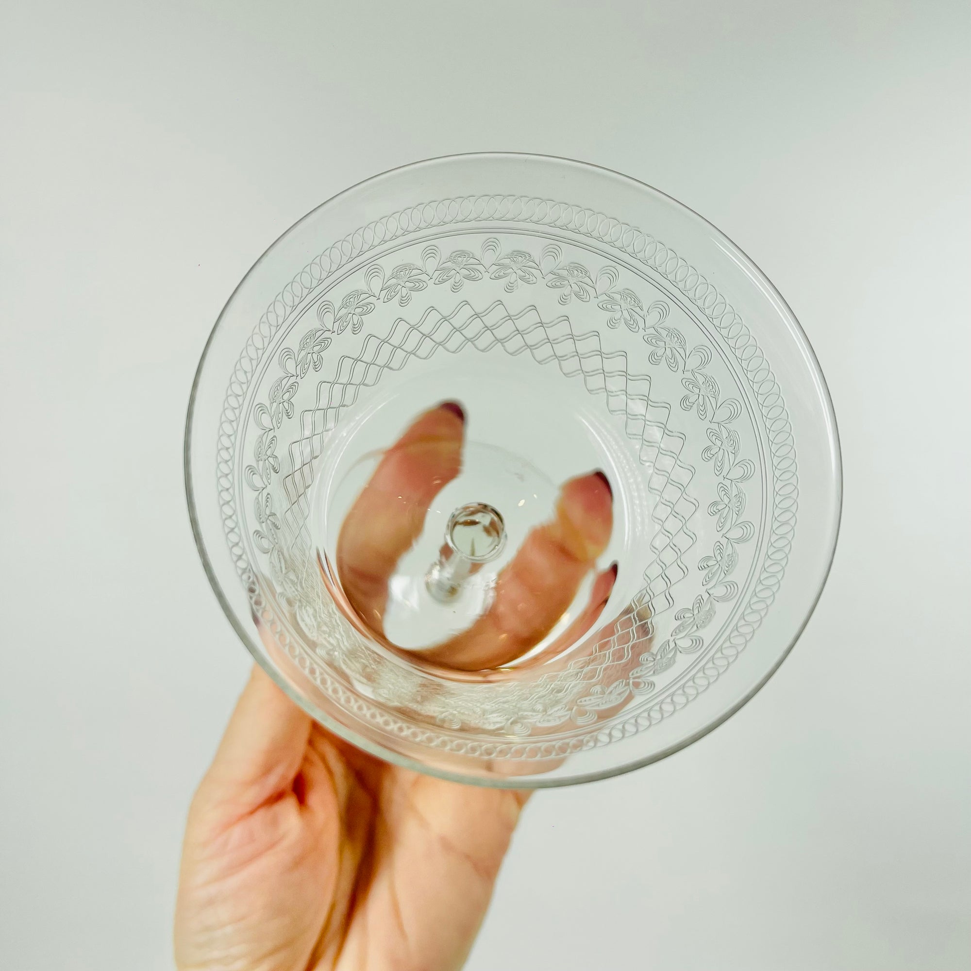 ANTIQUE ETCHED PALL MALL COUPE GLASSES