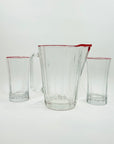 1960s FRENCH LUMINARC GLASS RED RIM JUG & GLASSES