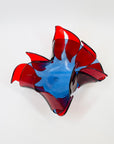 1980s HAND MADE RED COBALT BLUE FUSED GLASS HANDKERCHIEF BOWL