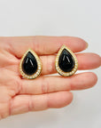 1960s BLACK PEAR ENAMEL CLIP ON EARRINGS WITH DIAMANTE HALO