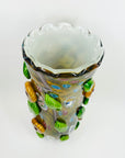 LARGE 1980s MURANO CASED WHITE GREEN MURRINE FLORAL APPLIQUE VASE