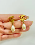 1996 CHANEL CC LOGO DROP PEARL CLIP ON EARRINGS