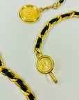 1980s CHANEL MATELASSE BLACK LEATHER GOLD PLATED MEDALLION LOGO BELT/NECKLACE